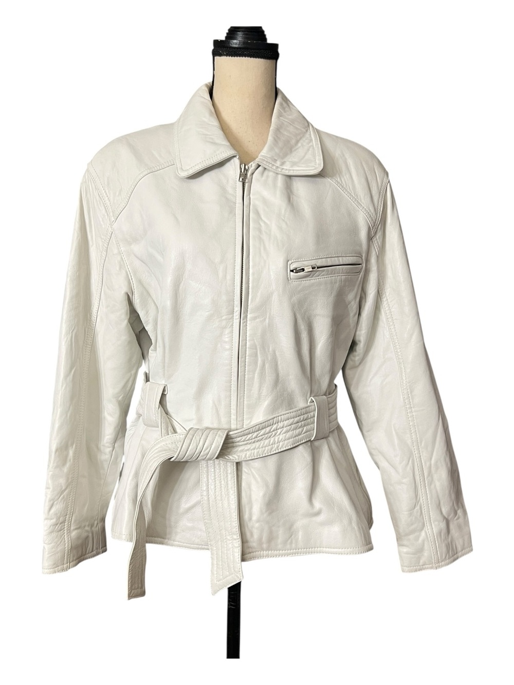 Tannery West Vintage Off White Leather Zip Belted Jacket Size L